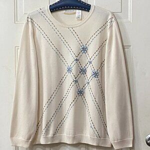 Alfred Dunner Women's Sz 2X Sweater Pullover Ivory Embroidered Cotton/Acrylic